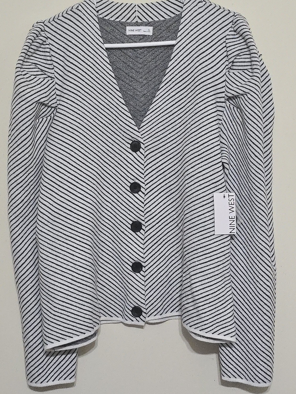 Nine West Black and White Diagonal Stripe Button-Front Skirt